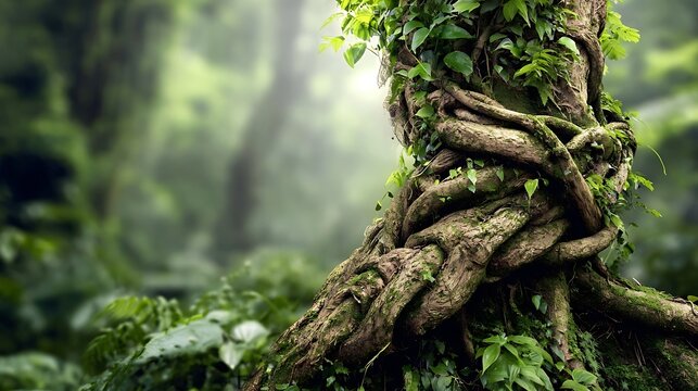 A gnarled tree trunk constricted by thick vines, a metaphor for Regulatory Pressure, Compliance challenges, and the restrictive forces impacting corporate growth and market freedom.