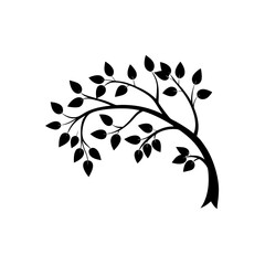 Silhouette of a tree branch with leaves on transparent background