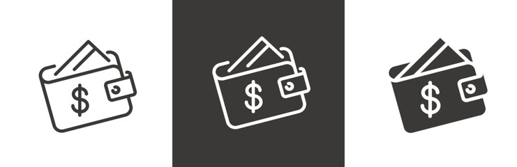 flat and linear set icons, wallet icon, personal purse with credit card, simple symbols on white and black background - editable stroke vector illustration