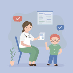 Pediatrician gives a medical prescription to a sick child. Doctor's appointment. Little boy in clinic being examined by pediatrician. Health care.