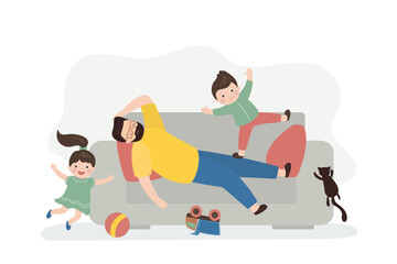 Tired dad with many children. Father exhausted under life routine and lying down on sofa. Kids playing up. Big family and lifestyle