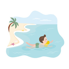 Cute boy dressing in swimsuit and inflatable armbands swims in the sea. Little kid learning swimming in ocean. Happy child on tropical beach, seashore.