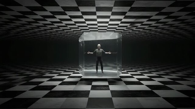 Man trapped inside glass cube on checkered floor room