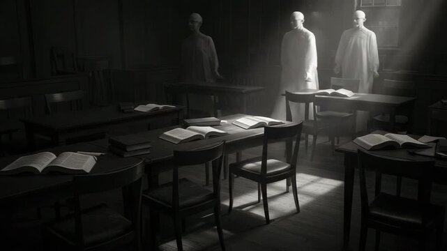Empty classroom with open books, mysterious figures entering the room