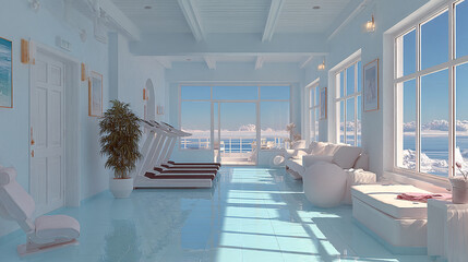 luxurious indoor pool area with a serene ocean view. The space features white decor, arched windows, and a spacious seating area with comfortable loungers and a large spherical object.