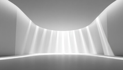 Abstract, curved white room with angled beams of light. Minimalist design and ethereal ambiance