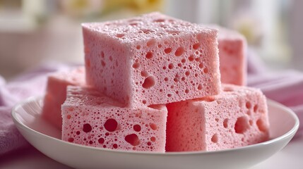 Several pink, porous square sponges are neatly stacked on a white ceramic plate, showcasing the unique texture and visual appeal of the bath accessories.