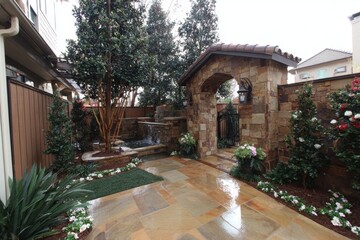 Fototapeta premium A concealed pathway meanders through a private enclosed garden, guiding visitors to a curved waterfall that softly flows into a peaceful lake