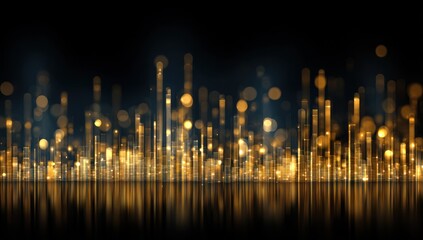 Abstract golden light trails form a skyline on a reflective surface against a dark backdrop