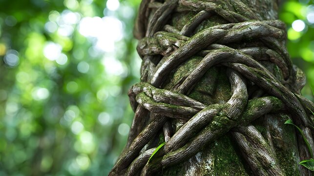 constriction. A gnarled tree trunk constricted by thick vines in a dense forest. wildlife magazines, conservation campaigns, designed for wildlife conservation campaigns, used by video editors.