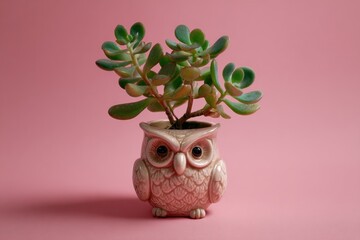 Adorable succulent plant thrives in a decorative owl-shaped planter against a pink backdrop