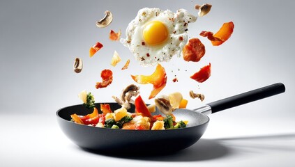 Aerial view of a frying pan with assorted ingredients levitating above, vibrant colors, studio shot
