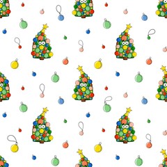 Seamless festive pattern featuring cute cartoon Christmas trees decorated with colorful baubles and a star on top on white background. Perfect for holiday wrapping paper, textiles, or digital paper
