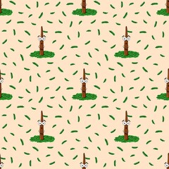 Whimsical seamless pattern with funny cartoon tree trunks with eyes surrounded by green fir branches on a beige background. Ideal for kids&rsquo; designs, nature-themed prints, and playful fabric patterns
