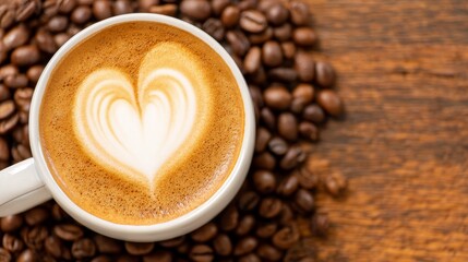 Fototapeta premium A cozy coffee shop ambiance is evoked through the photography of a steaming latte, adorned with artistic foam designs, including a heart shape, which makes for a delightful morning treat