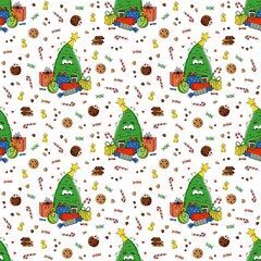 Cute seamless Christmas pattern with decorated trees, presents, cookies, candy canes, and sweets on white background. Perfect for wrapping paper, festive textiles, greeting cards, and digital designs