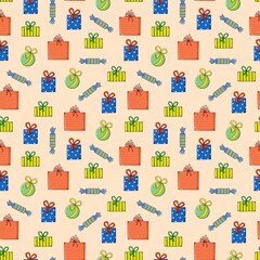 Colorful seamless pattern featuring hand-drawn gift boxes, baubles, and candies on beige background. Great for holiday packaging, textiles, gift wrap, and Christmas-themed backgrounds