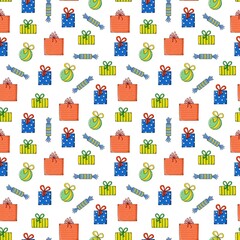Colorful seamless pattern featuring hand-drawn gift boxes, baubles, and candies on white background. Great for holiday packaging, textiles, gift wrap, and Christmas-themed backgrounds