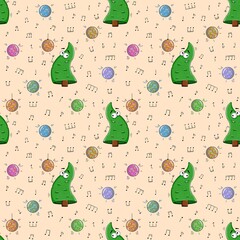 Playful seamless pattern with cartoon dancing Christmas trees, disco balls, and music notes on beige background. Ideal for fun festive designs, New Year&rsquo;s party decorations, and joyful wrapping paper