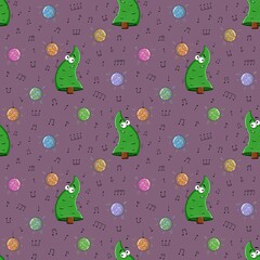 Playful seamless pattern with cartoon dancing Christmas trees, disco balls, and music notes. Ideal for fun festive designs, New Year&rsquo;s party decorations, and joyful wrapping paper