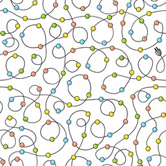 Seamless pattern of tangled Christmas lights with colorful bulbs on a white background. Perfect for festive wrapping paper, digital backdrops, holiday invitations, and cozy textile prints