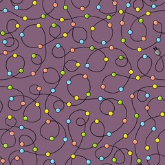 Seamless pattern of tangled Christmas lights with colorful bulbs on a violet background. Perfect for festive wrapping paper, digital backdrops, holiday invitations, and cozy textile prints