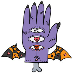 halloween Vibrant hand illustration with mystical designs and bats. in doodle color line style