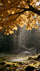 Rain pours from lush branches onto mossy ground