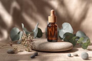 Amber glass bottle with dropper sits on a stone. Eucalyptus & small pebbles surround, shadows play