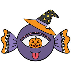 halloween Halloween-themed candy illustration with a witch hat. in doodle color line style