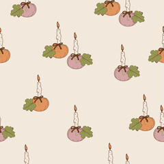 Pumpkins with Candles Pattern – Cozy Autumn Vector. Seamless textile design