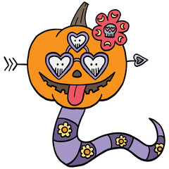 halloween Playful cartoon pumpkin with cute hearts and a flower. in doodle color line style