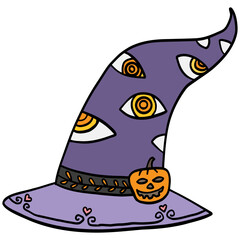 halloween Witch hat with eyes and pumpkin design for Halloween. in doodle color line style