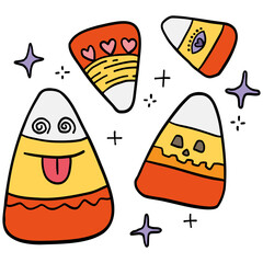 halloween Colorful candy corn with playful designs and decorations. in doodle color line style