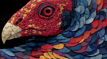 Naklejka premium A peacock's eye is the subject of a captivating closeup, set against the backdrop of exotic birds in their natural habitat, showcasing the vibrant plumage and intricate beauty of wildlife through