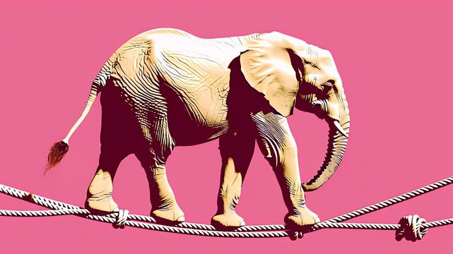 Striking Illustration of an Elephant Performing a Tightrope Walk on Thick Ropes Against a Solid Pink Background
