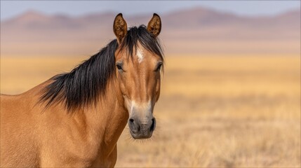 Obraz premium In a closeup nature photography shot, a majestic wild stallion is seen standing on the open plains, captured from a low angle in a serene environment