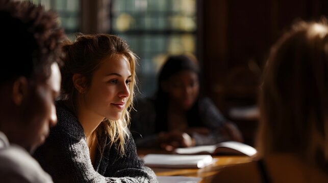 Young diverse students engaged in a collaborative study session in a well lit academic environment