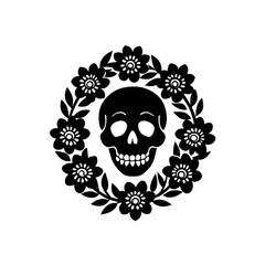 Skull surrounded by a floral arrangement on transparent background silhouette