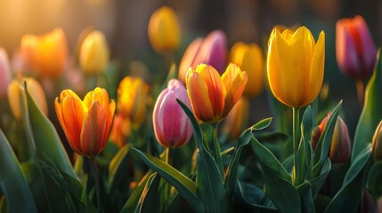 Naklejka premium The beauty of a blooming orange tulip is captured in a closeup garden photo showcasing nature and sunlit environment through a macro viewpoint