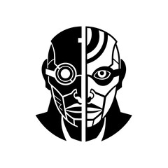 Half human half robot face in black white on transparent background silhouette