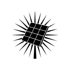 Solar panel with sun rays in black and white on transparent background silhouette