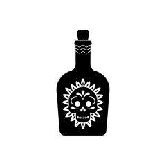 Black bottle with skull and floral design on transparent background silhouette