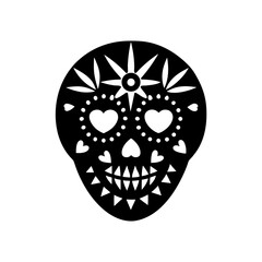 Detailed black and white sugar skull art on transparent background silhouette