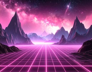 Retrofuturistic mountain landscape with grid