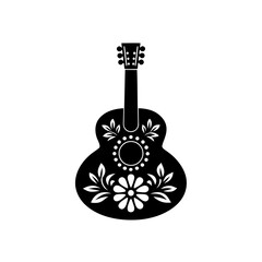 Silhouette of a decorated black guitar on transparent background