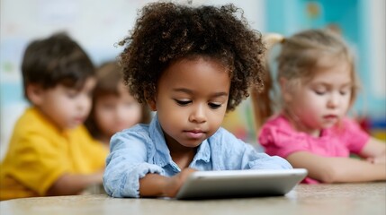 Young children of diverse backgrounds are intently focused on using digital tablets for learning in a bright preschool classroom