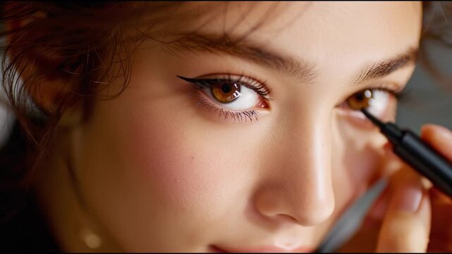Beauty expert demonstrates precision eyeliner application for flawless look in urban setting
