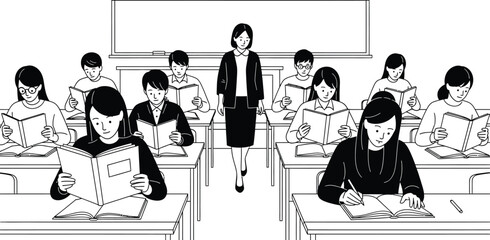 Classroom scene with students reading books and a teacher walking down the aisle in black and white line art