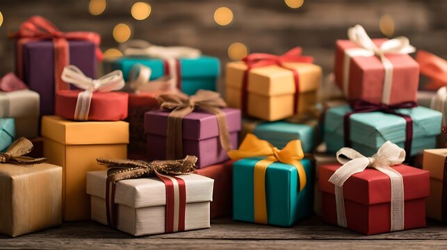 excitement. A joyful pile of colorful gift boxes tied with playful ribbons, evoking childhood excitement and wonder. lifestyle magazines.